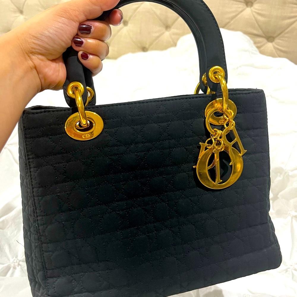 Vintage black christian dior cannage handbag gold hardware